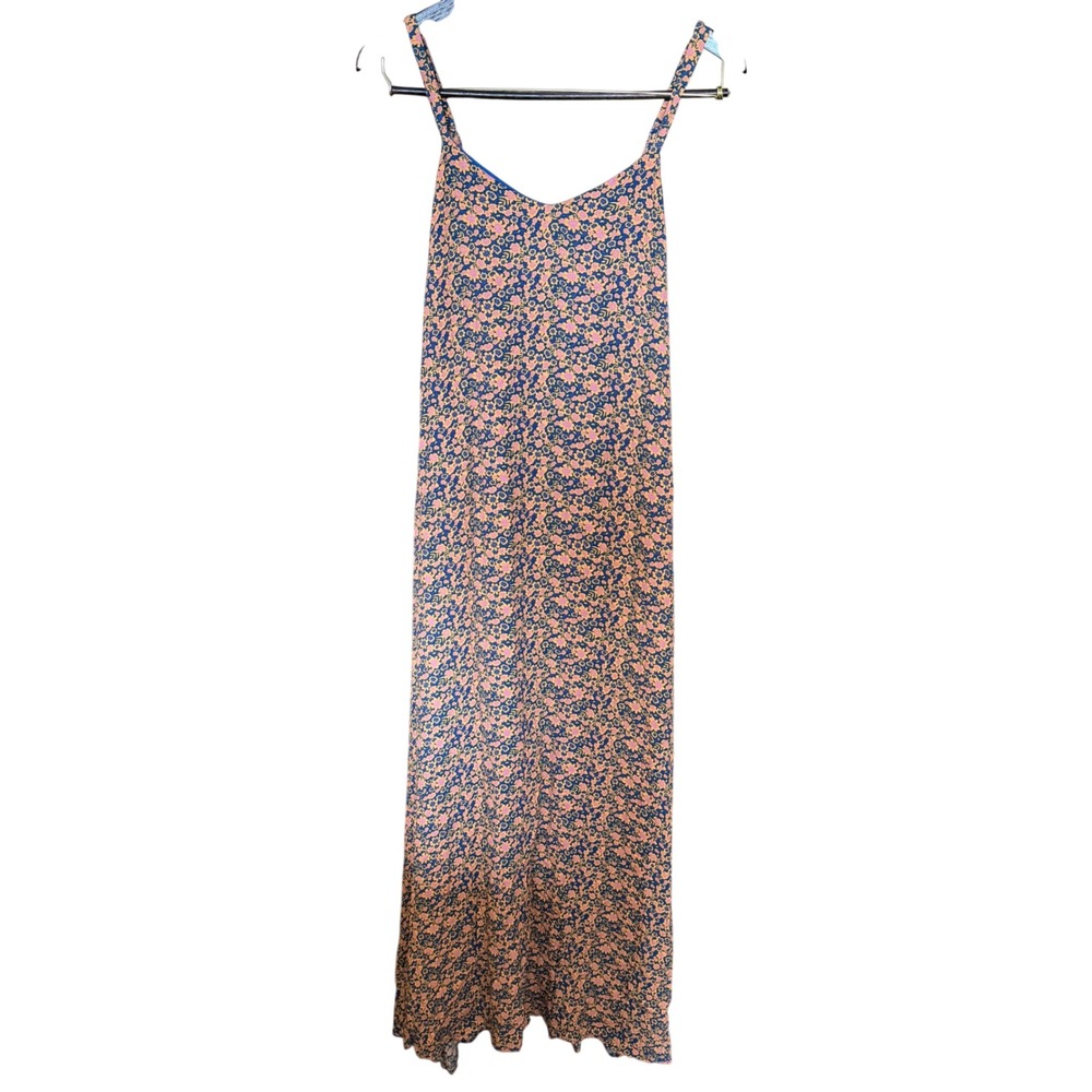 A Loves A Med Blue Pink Floral Ditsy Maxi Dress Boho Tie Back Vaca Flowy